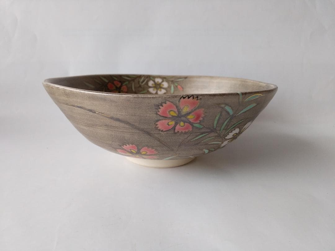 東福窯 中村能久 作 仁清写銀地撫子之図 平茶碗 京焼 共箱 共布 栞 新品