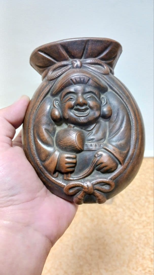 時代物備前焼掛花入大黒図茶道具花器在銘縁起物七福神箱付明治大正期