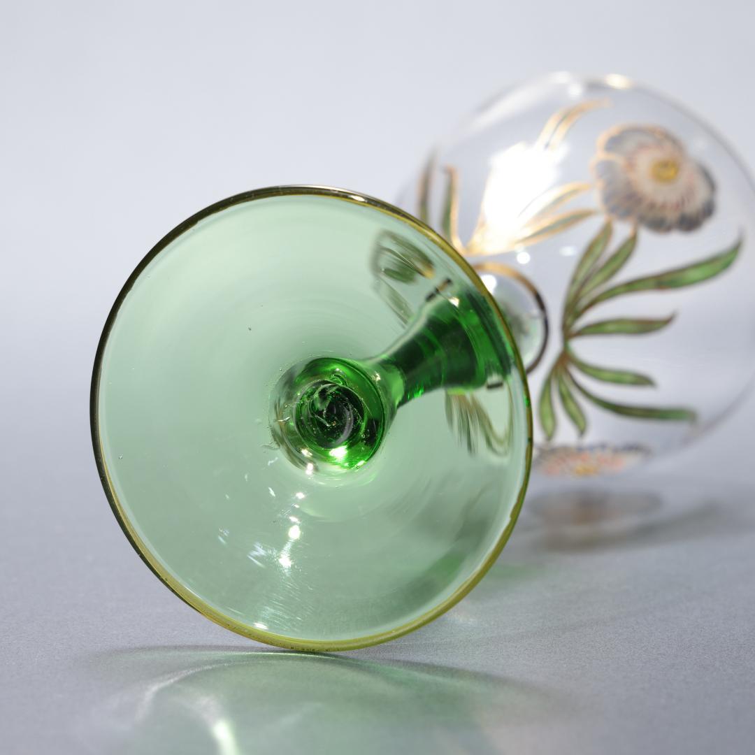 【美品】アンティークグラス　エナメル彩　花　ステム緑　R1338ダI