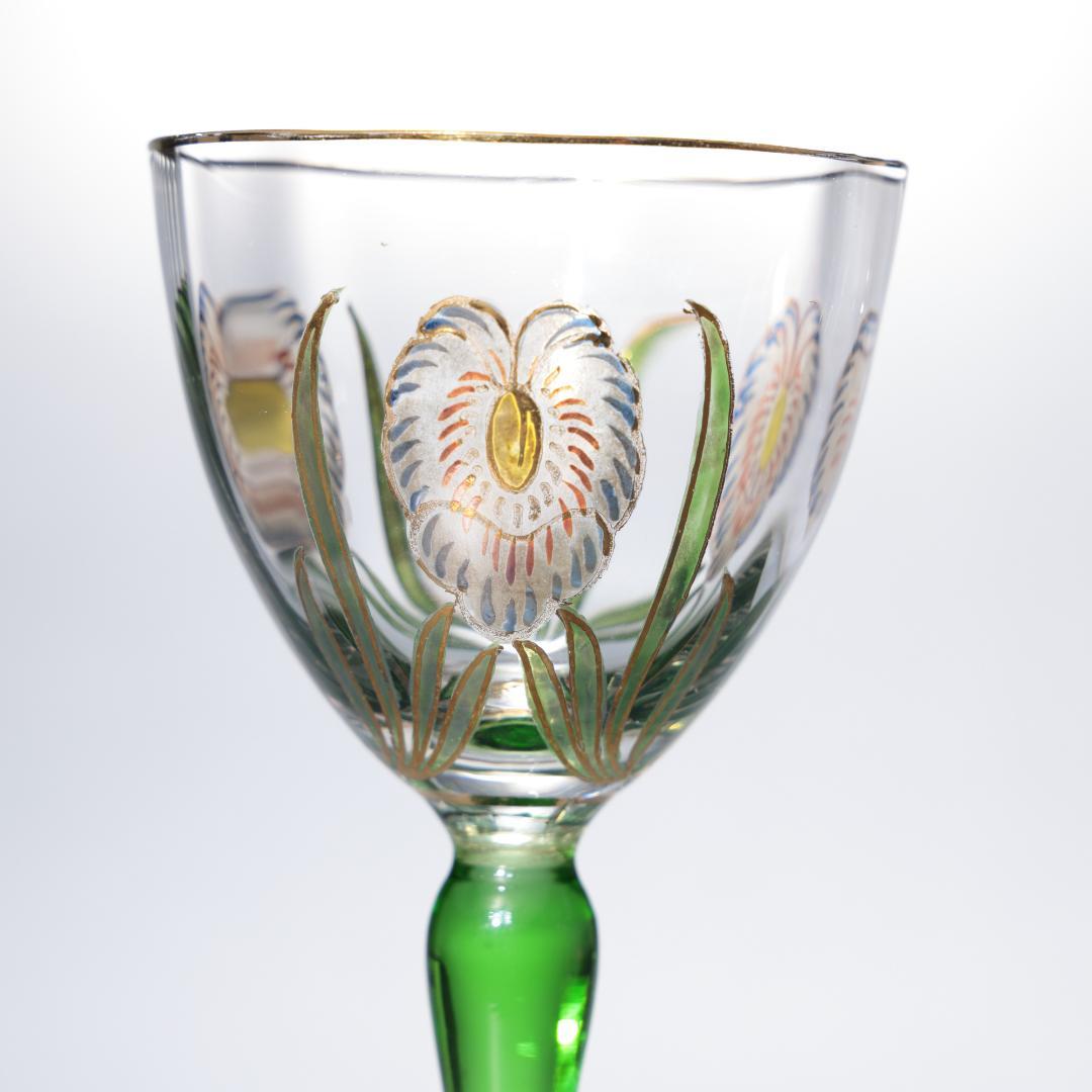 【美品】アンティークグラス　エナメル彩　花　ステム緑　R1338ダI