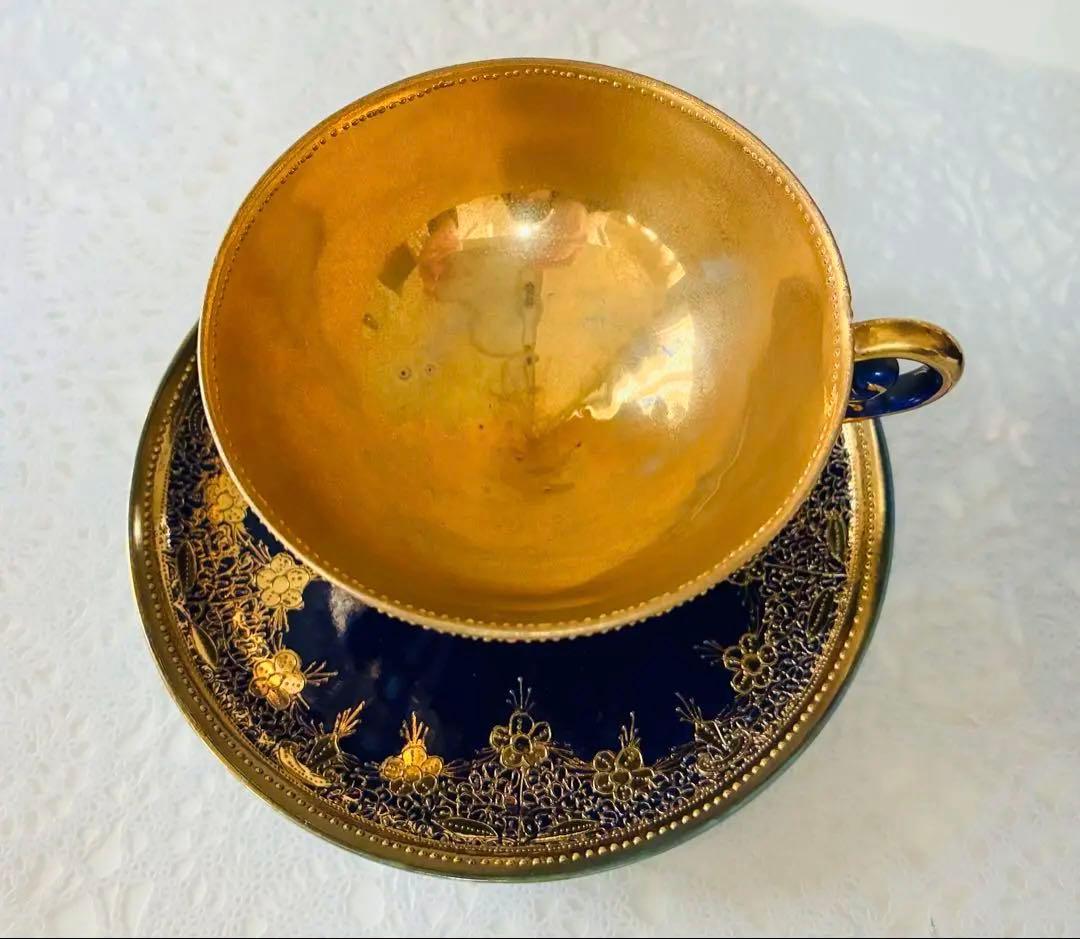 オールドノリタケ 金彩金盛コバルト地ティーセット　カップ&ソーサー　ティーポット