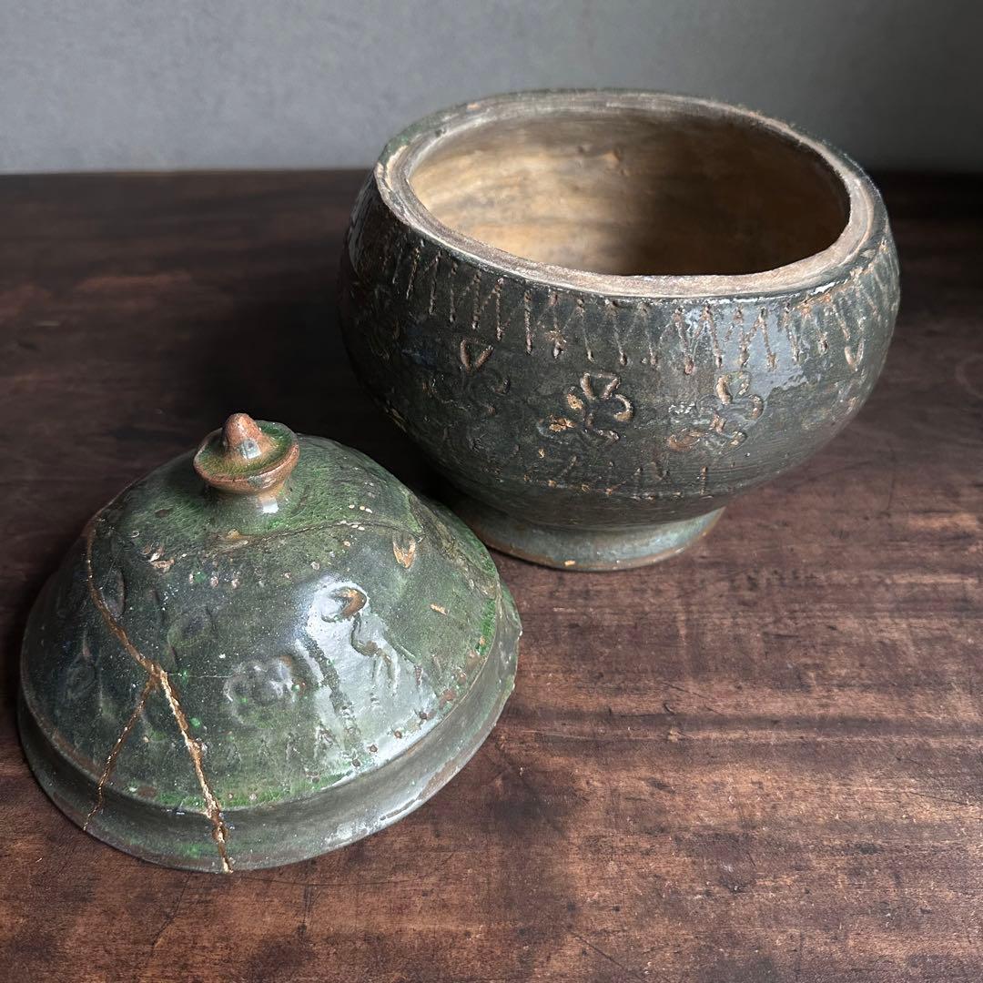 雰囲気良し　須恵器　緑釉　蓋物　古陶磁　中国美術　時代物