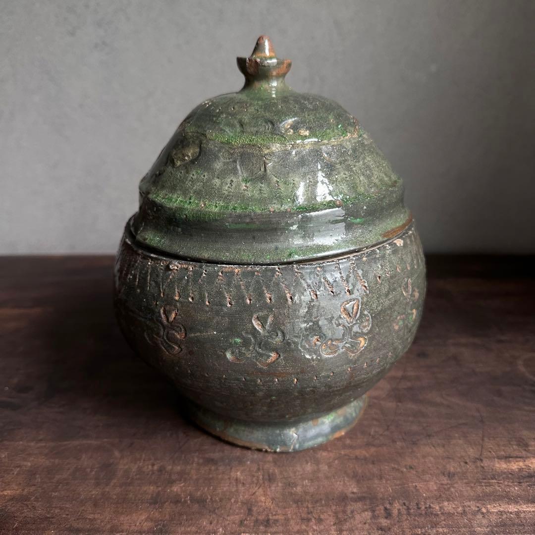 雰囲気良し　須恵器　緑釉　蓋物　古陶磁　中国美術　時代物