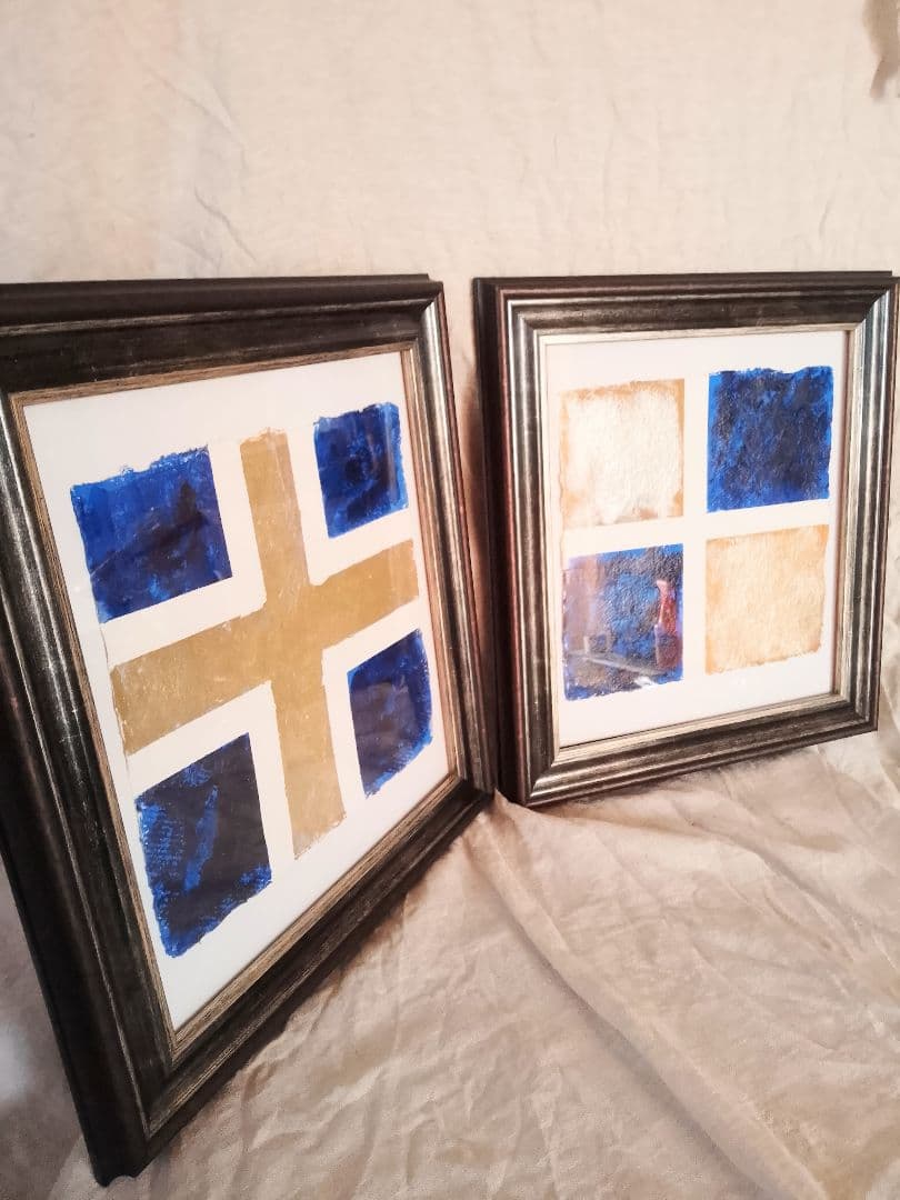 青と金のアクリル画2点セット