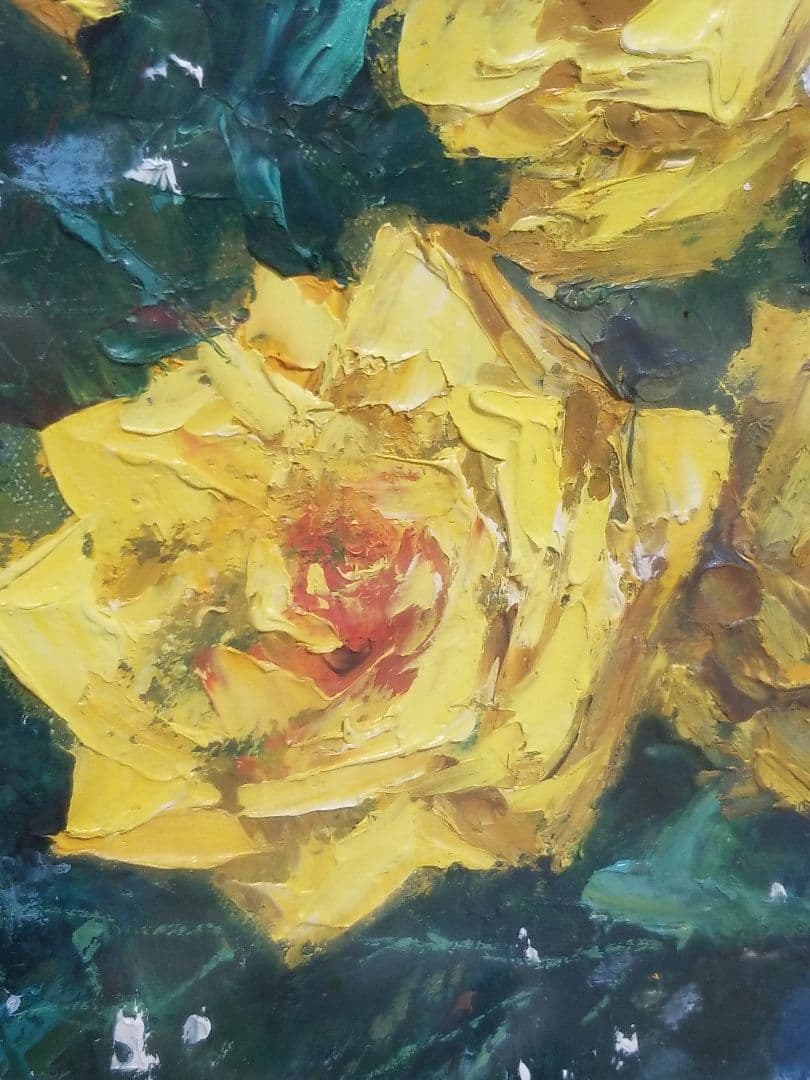 窓辺の薔薇 堀哲夫 黄色のバラの油彩画 大作