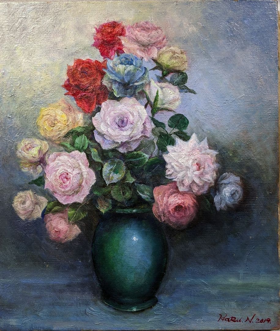 画家haru☆F10号油彩画★薔薇★真作、原画、一点物、写真の額縁付。