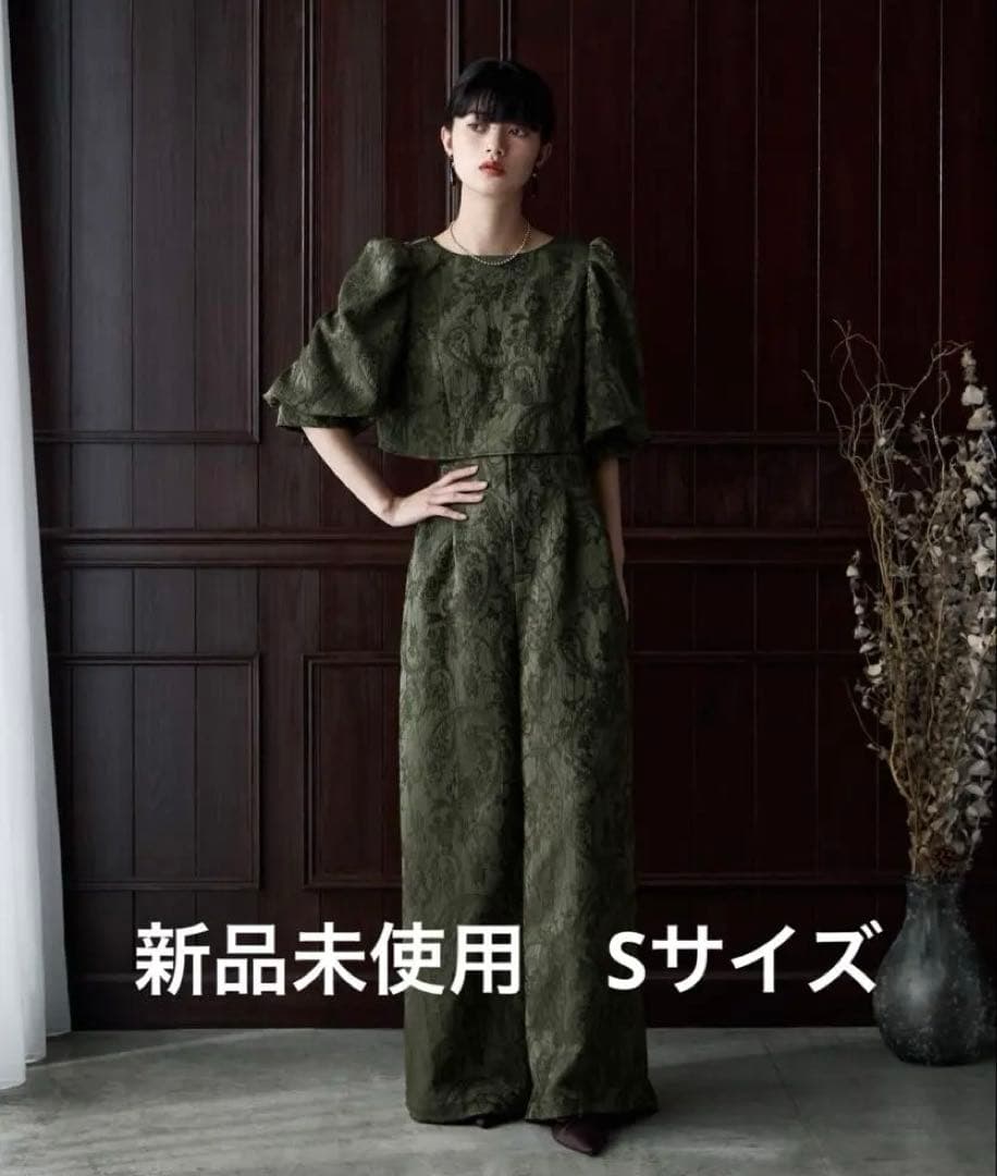 パンツドレス ジャガードクロップブラウス＆タックワイドパンツセットアップ　S