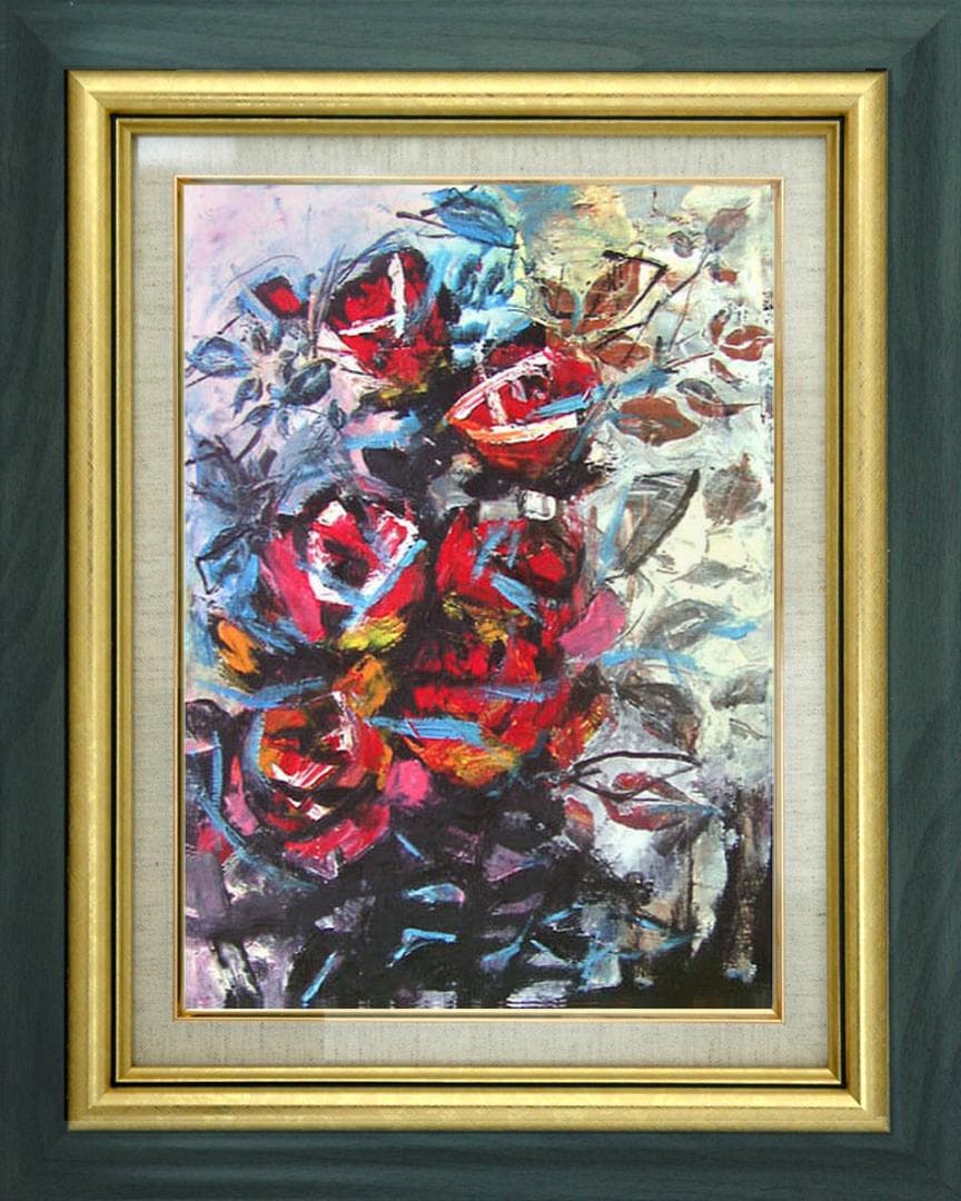 油絵 菅家令子 絵 絵画インテリア額付(青緑＋金色の枠)uF6-050303ばら