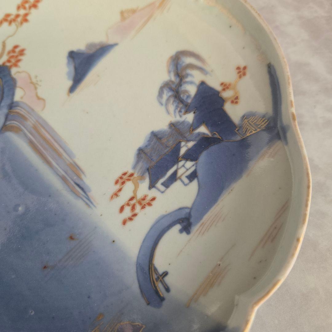 古伊万里　染め分け　変形皿　滝　薄瑠璃　江戸時代　骨董　金継ぎ　アンティーク