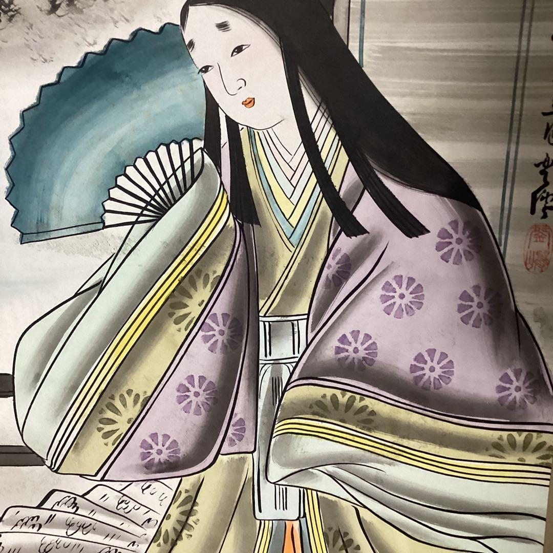 青柳琴僊　日本画【美人図】大正13年3月作品　木枠額装　落款印譜　模写　レア品