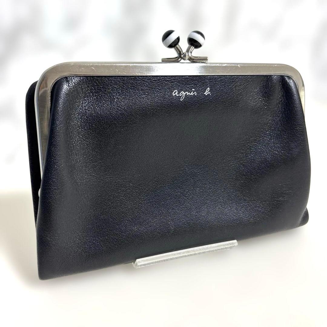 マロン様　美品✨アニエスベー　がま口　二つ折り財布 レザー ブラック