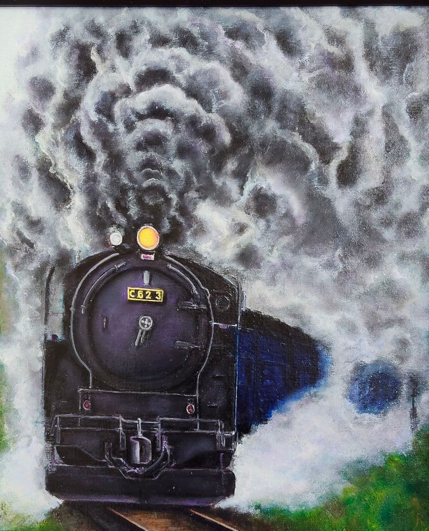 蒸気機関車の油絵（黒フレーム付き）