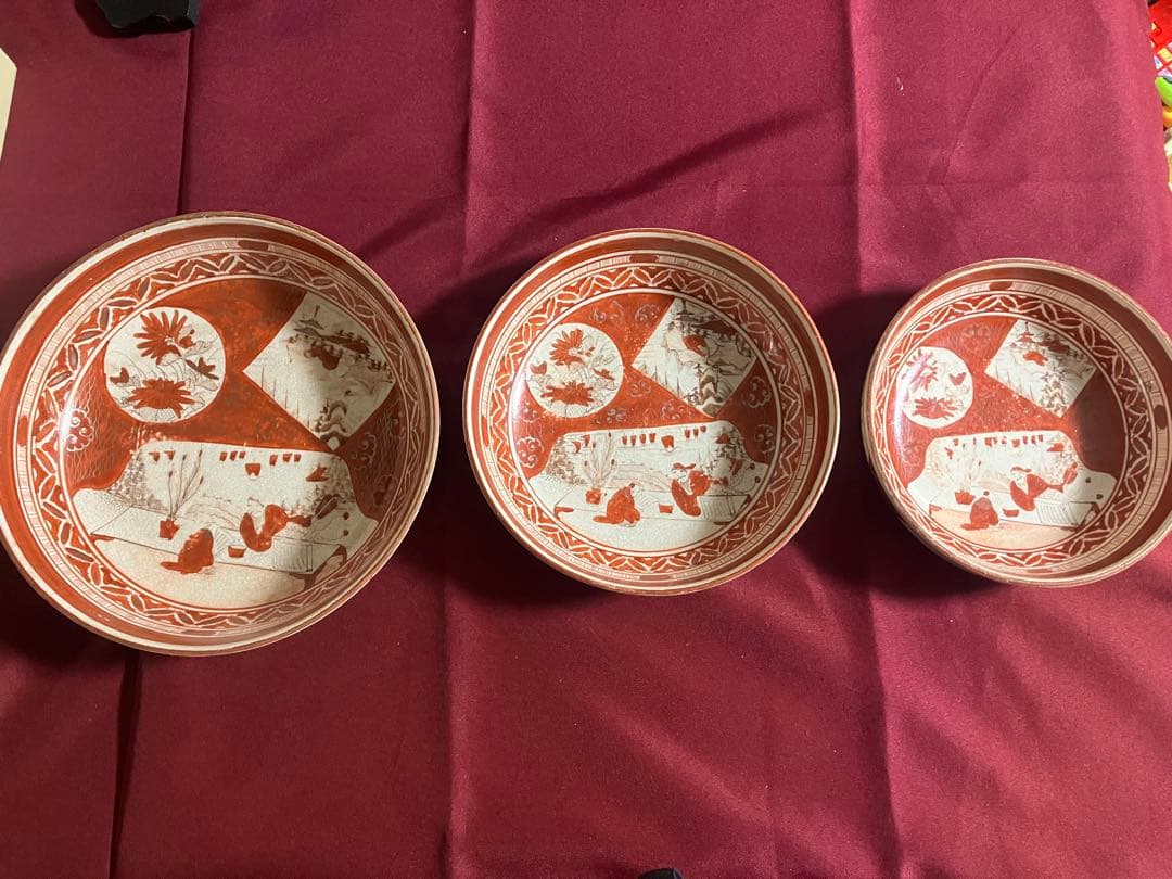 江戸後期 九谷 人物赤絵鉢 大中小