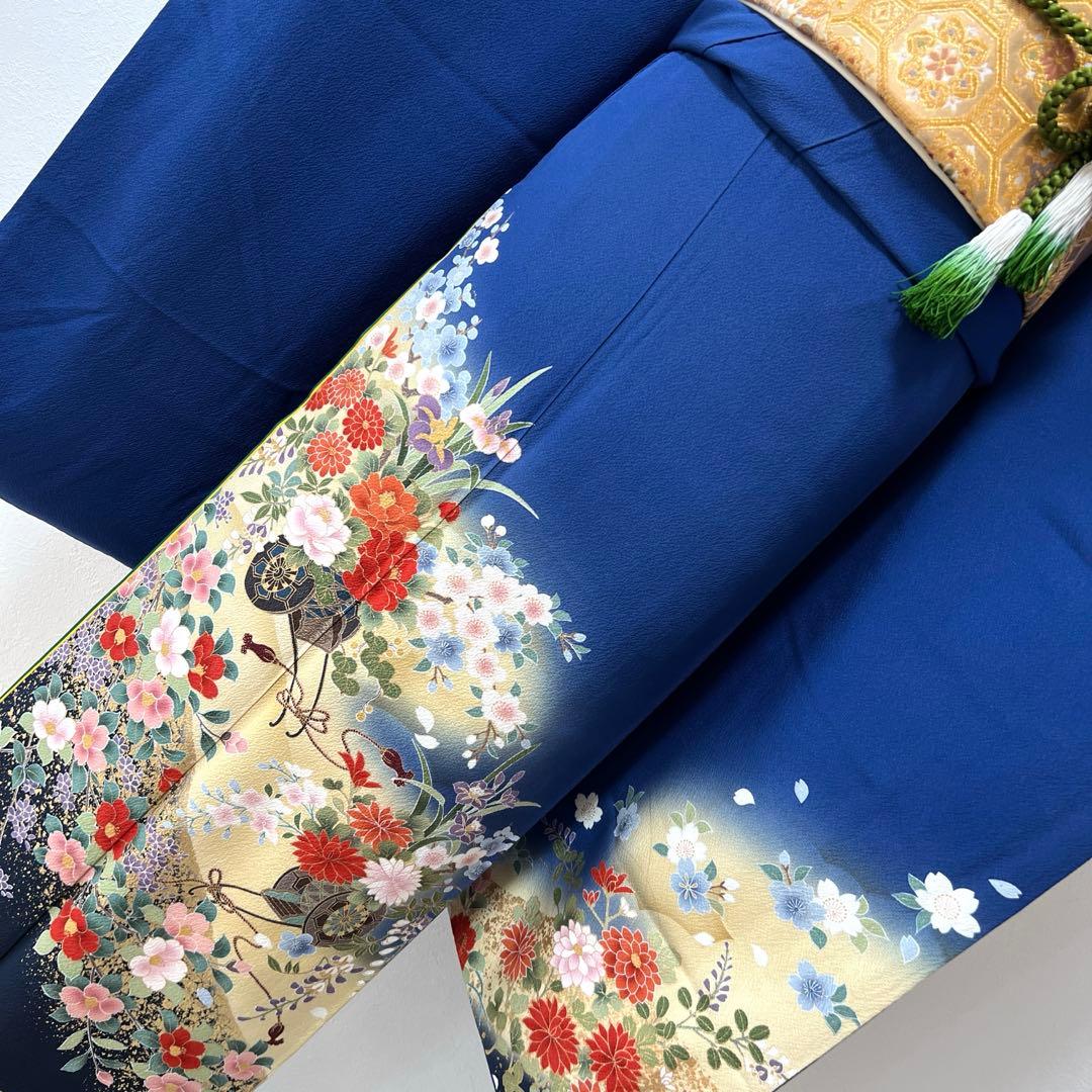 439 振袖フルセット 正絹 顔 紺 ブルー 金彩 暈し染め シンプル 花車文