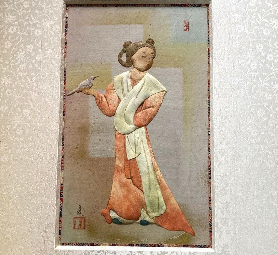 昔は有名な荒川夏子　古典絵　古代壁画女人像　1982年貼り絵細工　絵画　金粉加工