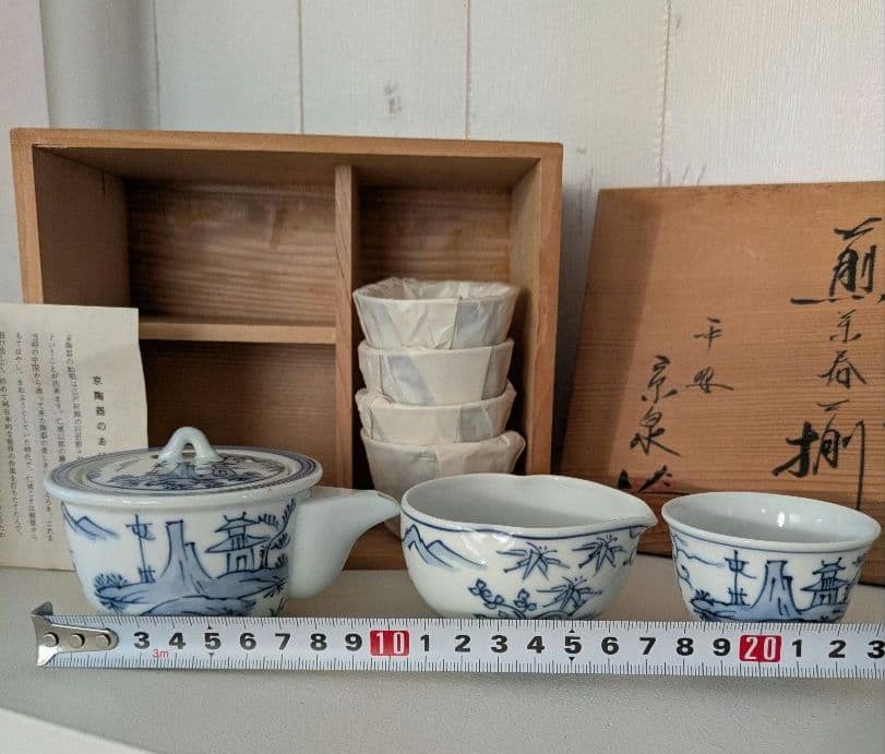 染付山水絵　煎茶器揃　平安京泉作　京焼　清水焼