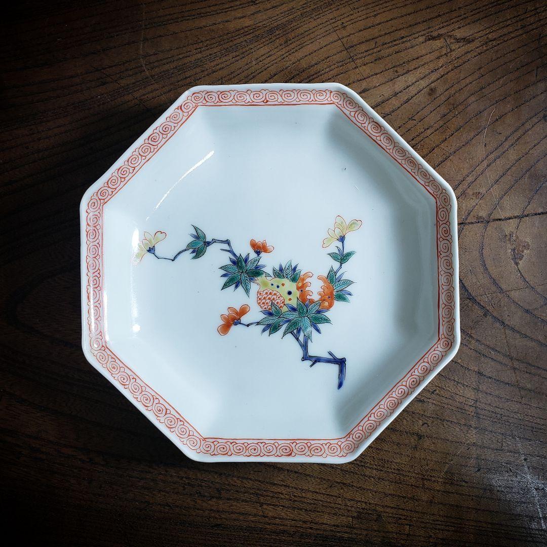 八角形　変形皿　無花果　色絵付　染付　中国童　柿右衛門様式　古伊万里　ロ号