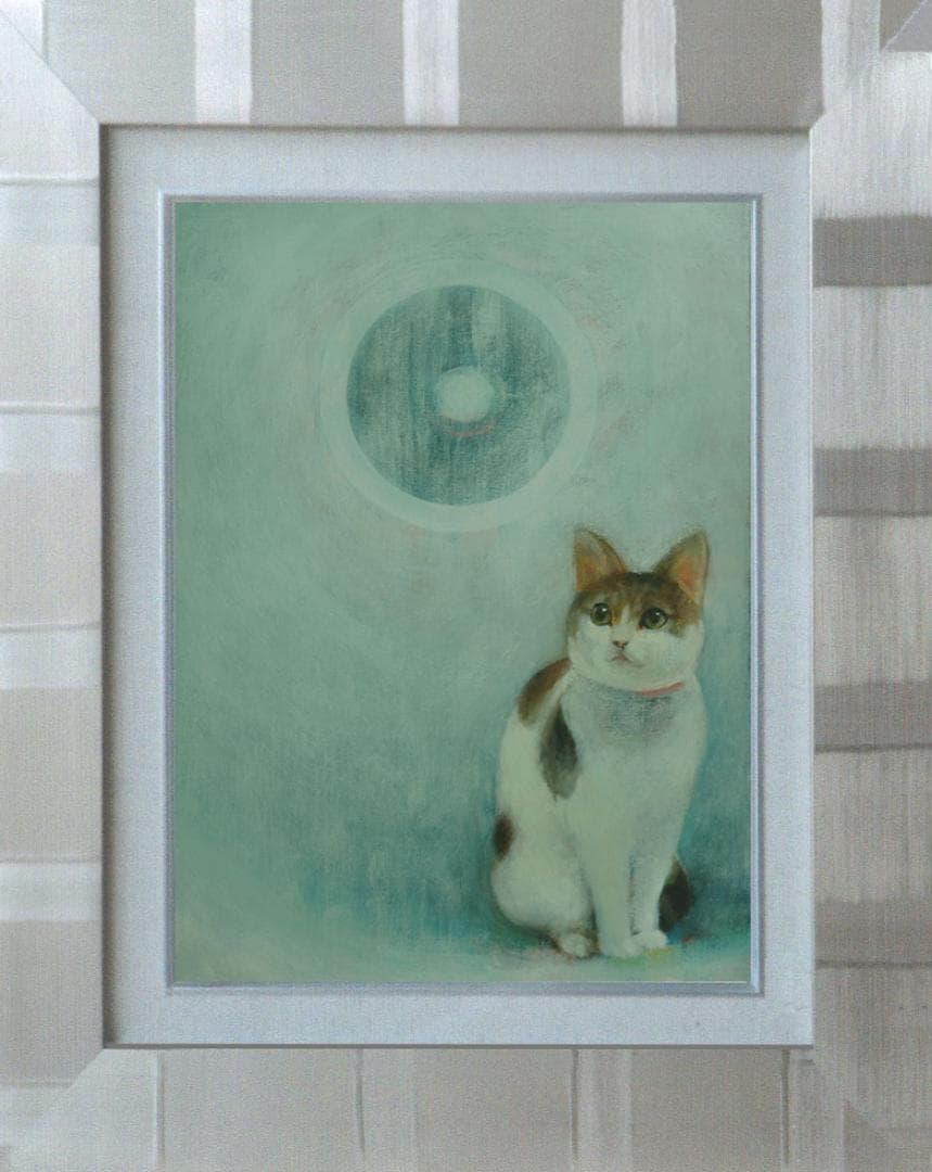 油絵 菅家令子 絵 絵画インテリア額付(青緑＋金色の枠)F4-091418 子猫