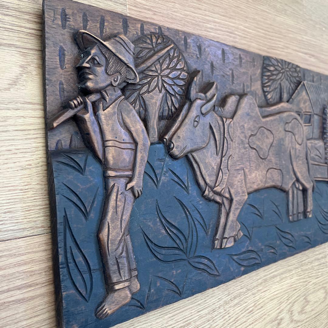 木製農業シーン浮彫りレリーフ 約８０cm 他に１枚