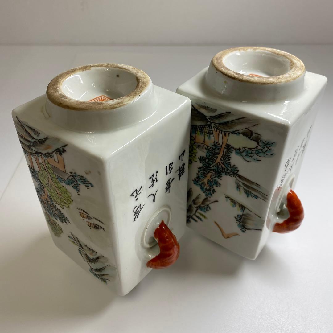 中国美術　同治年製　粉彩花入一対　高さ13㎝　東Y7-0331③タルサ