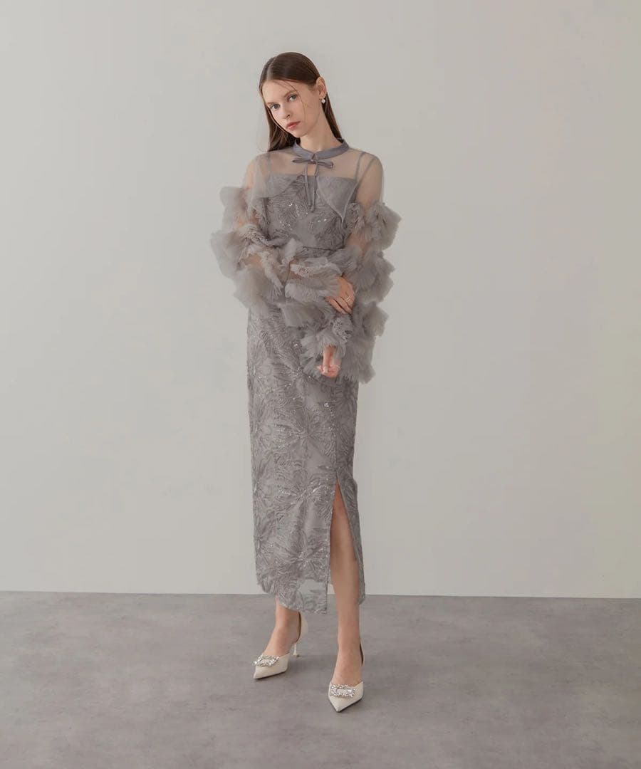 LEJA フリル チュール スリーブ リボンIラインワンピースドレス タグ付 S