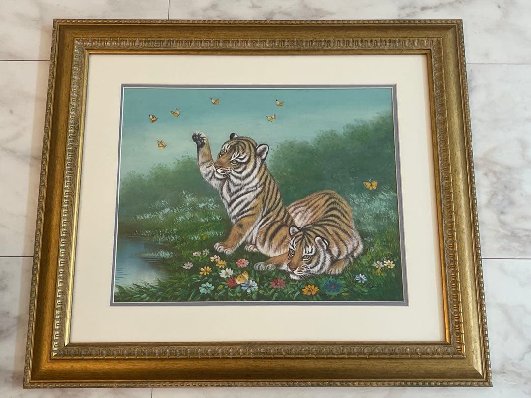 【開運絵画】「水辺の虎と蝶」の油彩画　超絶技巧　L.Chen