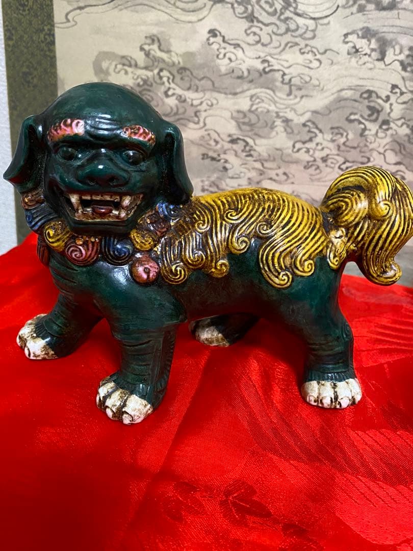 清朝　時代　獅子像 セット 多色 陶器製
