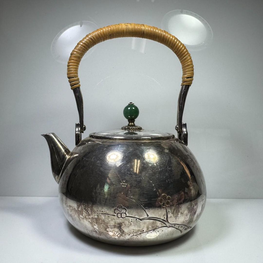 純銀製 銀祥堂造 梅彫 貴石摘 湯沸 古美術品 銀瓶 純銀保証