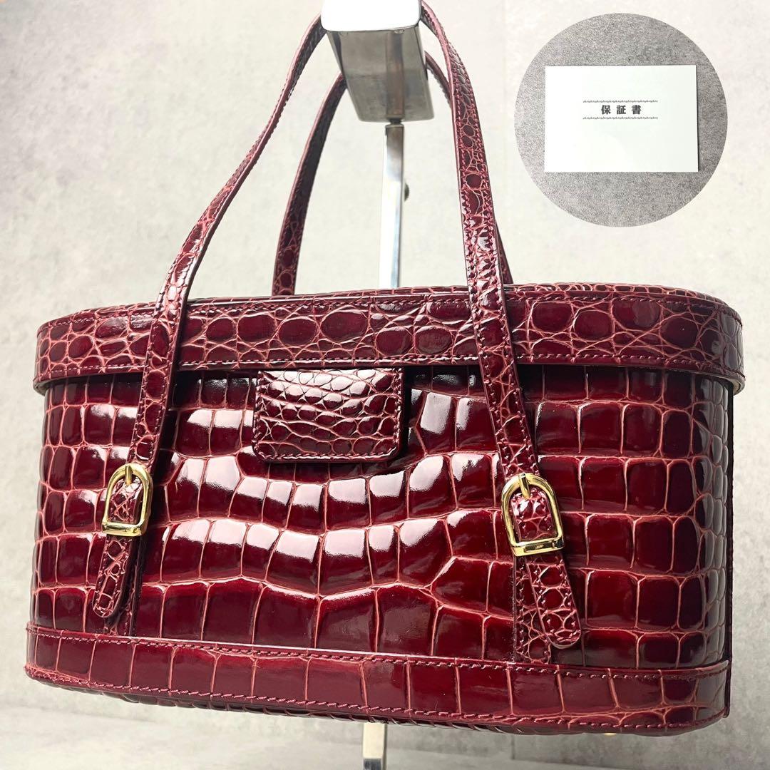 美品 保証書付き クロコダイル 型押し シャイニング バニティ ボルドー 鏡付き