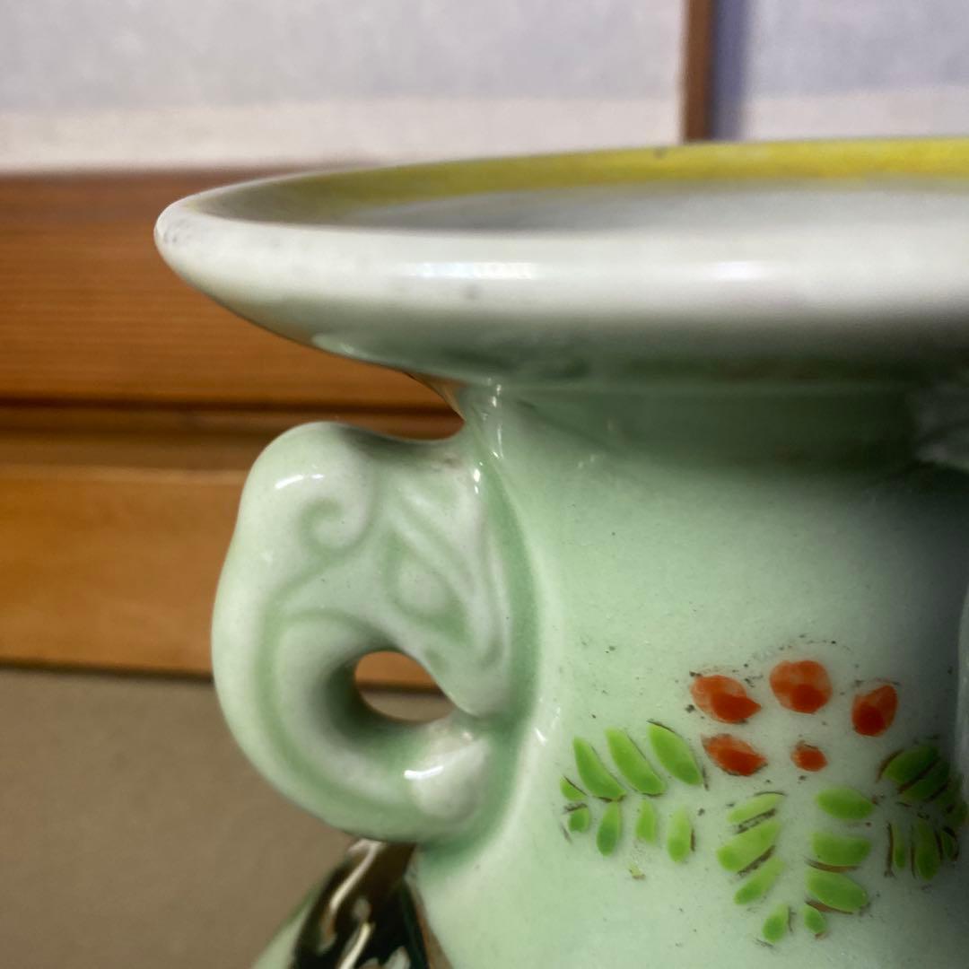 龍耳付色絵青磁花瓶　【作名有】