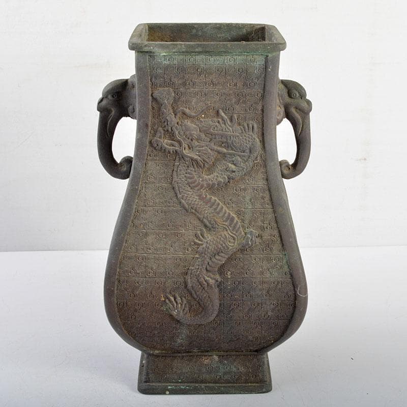 大日本文政年整珉鋳款　古銅　龍饕餮文　四方双耳瓶　M　R4809