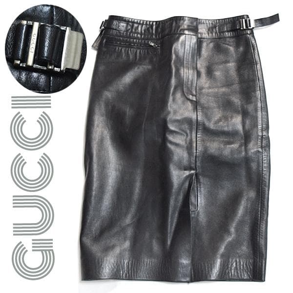 グッチ■サイドロゴ入り金具レザータイトスカート レディース38　ブラック黒