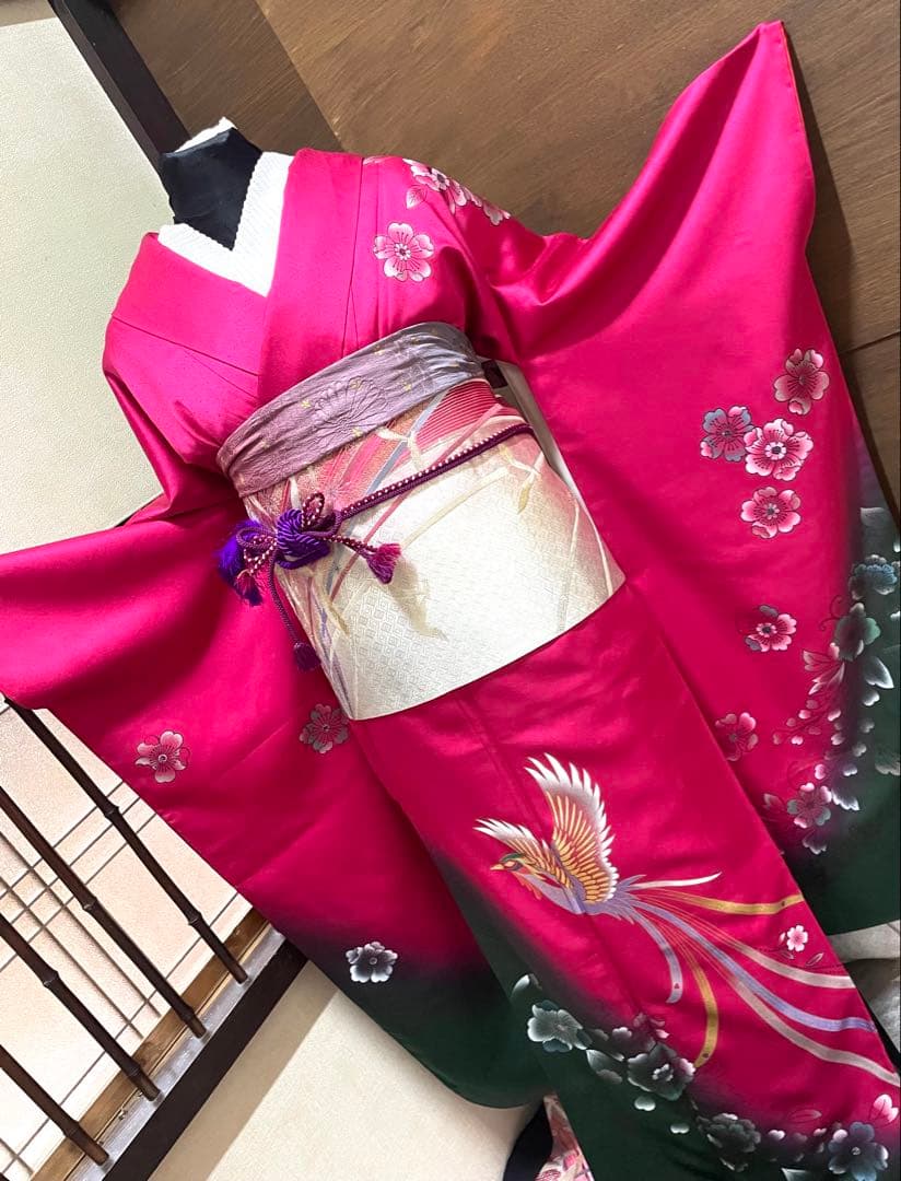 振袖 フルセット6点M〜Ｌ花鳥文　辻が花　暈し染め　金銀彩　正絹