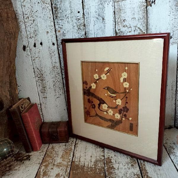 箱根 寄木細工 貞人 木象嵌 梅に鶯 木画 額装 無垢材 伝統工芸 ウグイス
