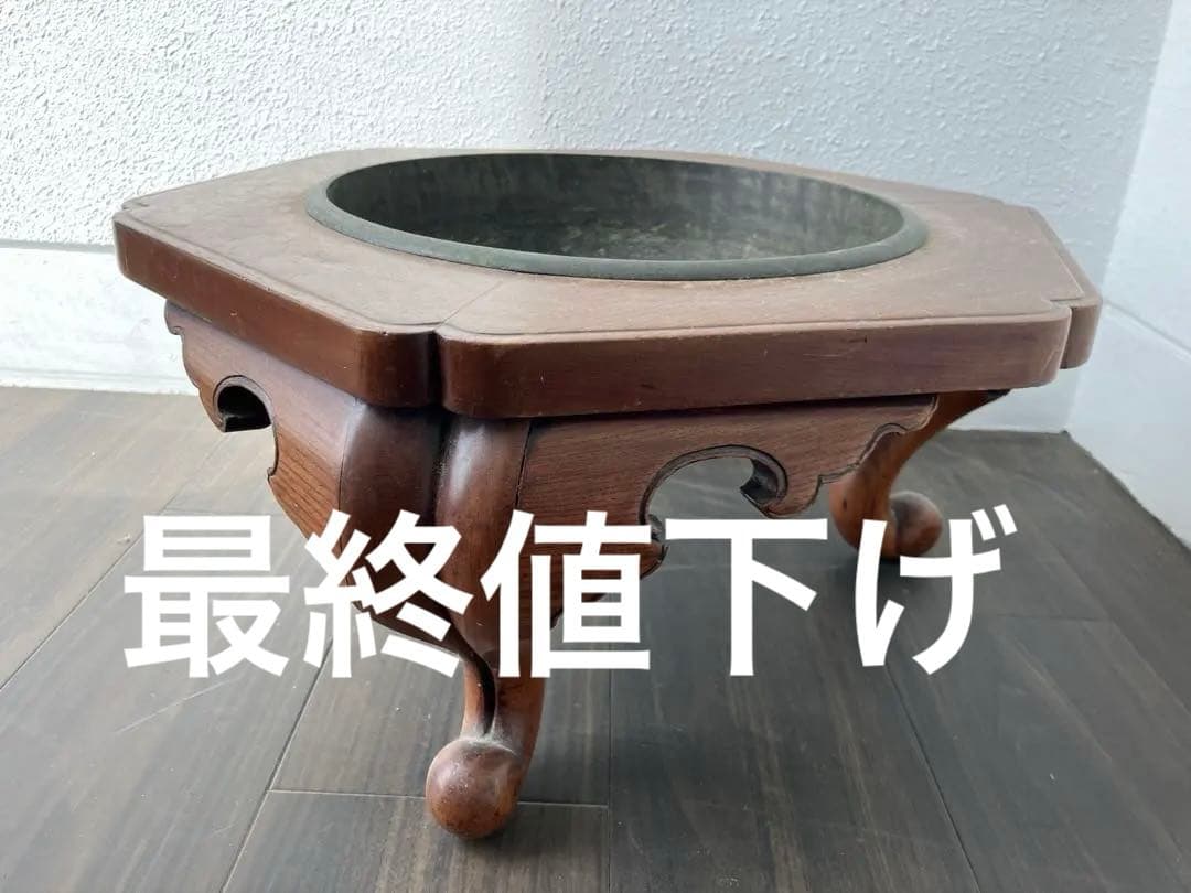 アンティーク　六角形木製火鉢金属皿付き