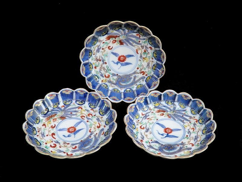 大聖寺伊万里　金襴手　鳳凰に雲龍の図　輪花４寸皿　３枚　E343AS-CBr