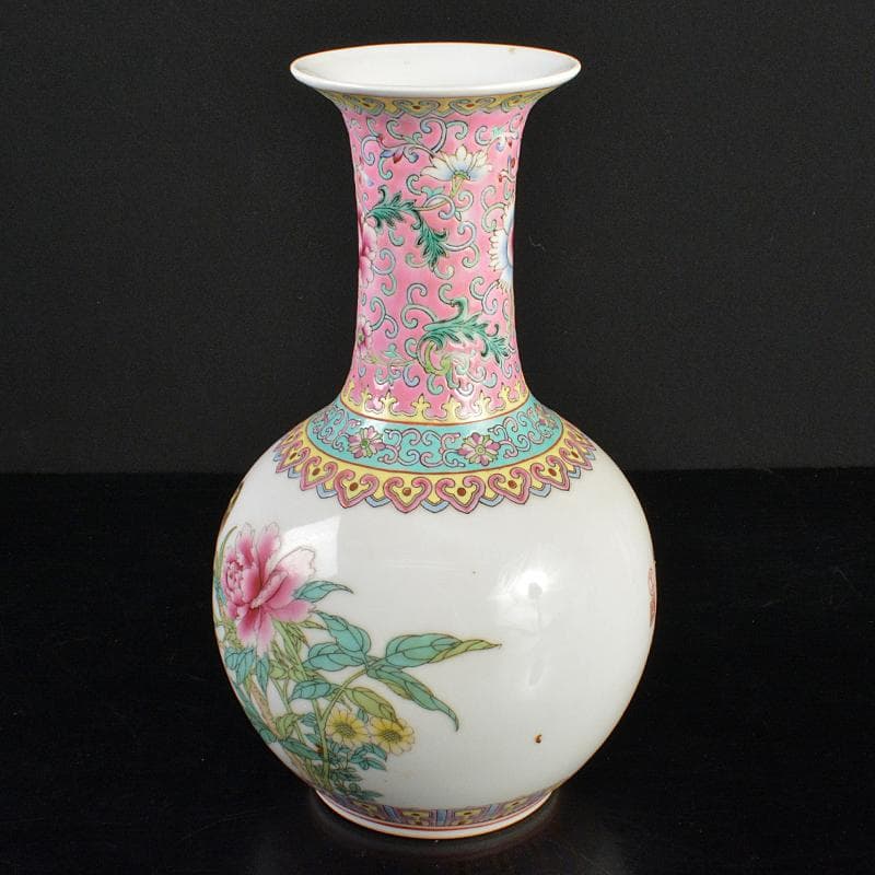 中国　中国景徳鎮製　粉彩　漢詩花鳥文　玉壷春瓶　時代箱付　M　R6427