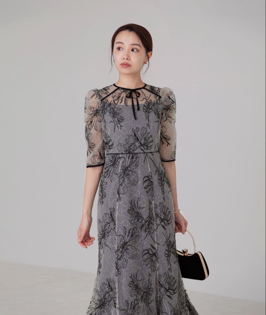 花柄リボンパフスリーブマーメイドワンピースドレス結婚式パーティー成人式二次会