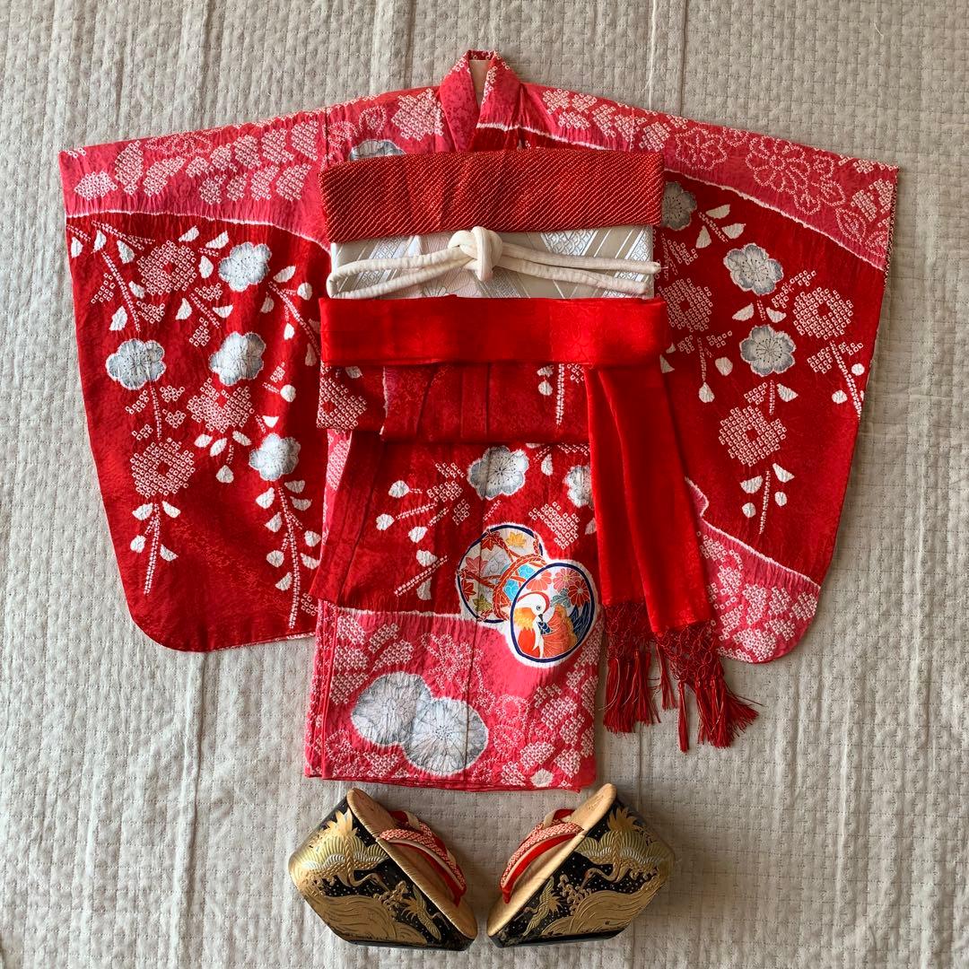 七五三 着物 女の子 正絹 本絞り 手描き友禅 古典柄 赤 長襦袢セット