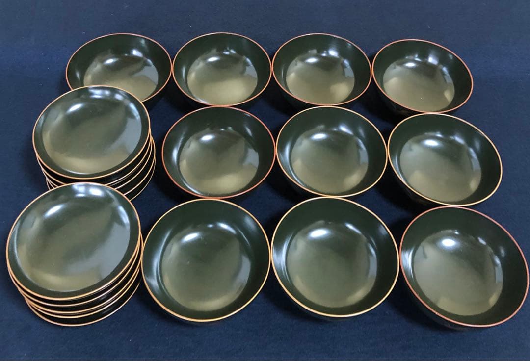 《R》青漆内朱 若松鶴蒔絵 菓子椀10客 木製漆器 木箱　250904H2