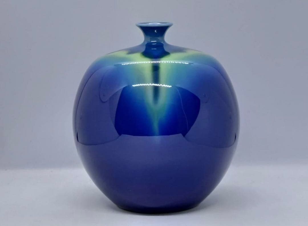 人間国宝 三代 徳田八十吉 金銘 本人作「耀彩 壷」共箱 花瓶 九谷焼 真作保証