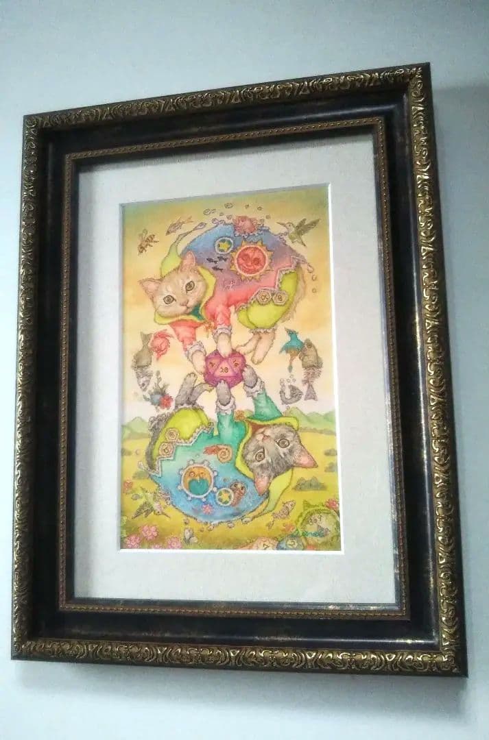 【原画】『運命のダイス』猫　絵画　パステル画　アンティーク　ミステリアス