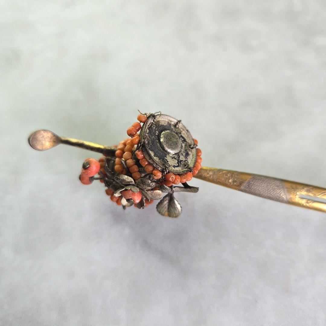 アンティーク　金工　珊瑚　簪　銀かんざし　鼓　G8　着物　明治　骨董　髪飾り