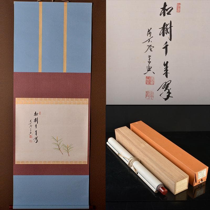 掛軸　前大徳　極楽寺主　西垣宗興　「松寿千手翠」　若松画　共箱　V　R5930B