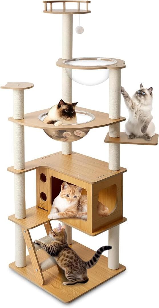キャットタワー 木製 スリム 宇宙船 据え置き 高い安定性 運動不足解消