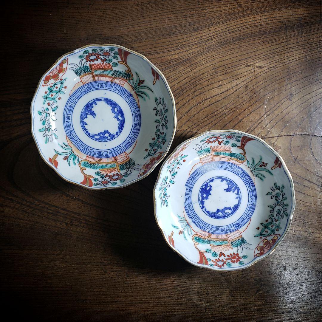 なます皿　色絵付　印判　変わり図柄　明治　大正　モダン唐草　2枚　欠け　ロ号