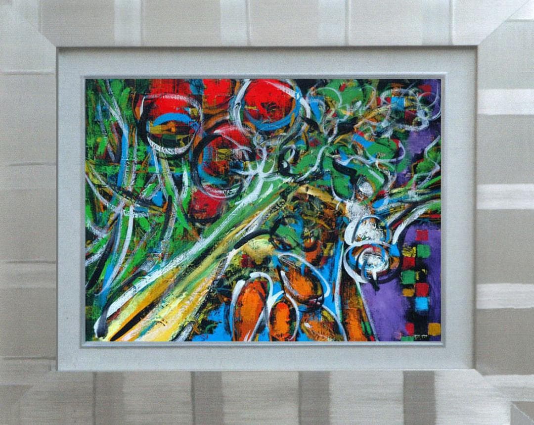 油絵 菅家令子 絵画インテリア額付( 青緑＋金色の枠 )uF6-061004果物