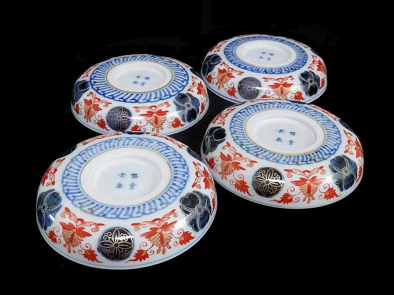 大聖寺古伊万里　金襴手　丸紋に笹の図　４寸皿　４枚　094AS-CAn