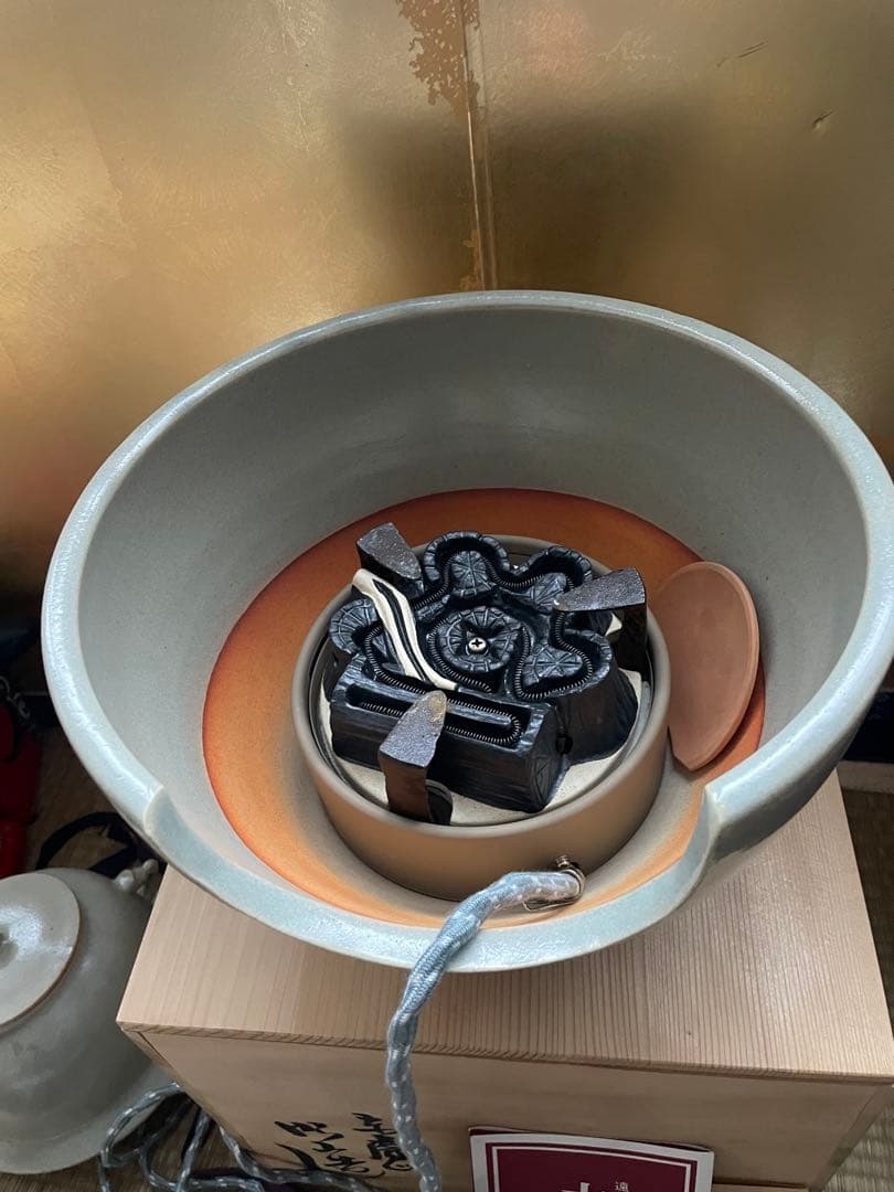 茶釜　茶風炉　電熱器　大塩昭山銘　赤膚山焼　紙共箱　茶道具　動作確認済
