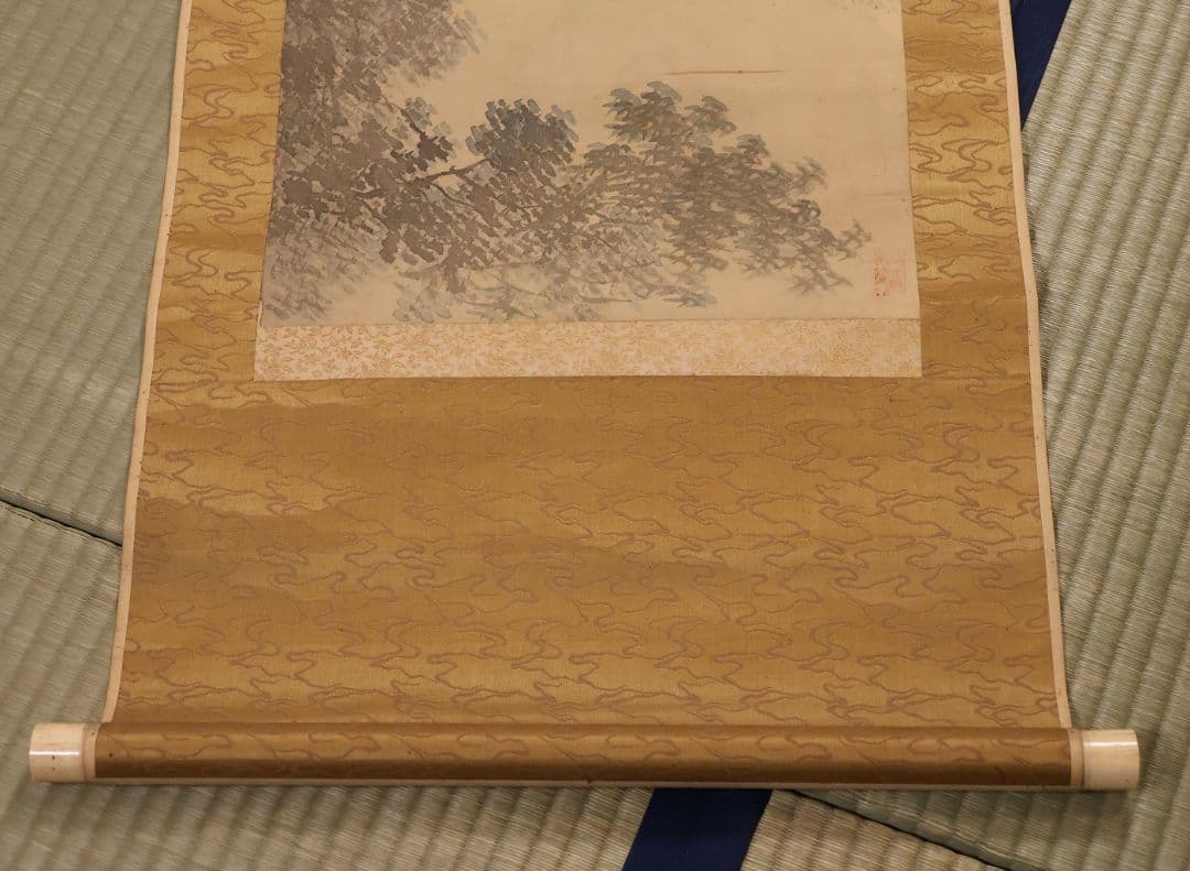 【模写】松雲山人 飛瀑図 滝 人物 山水 絹本 掛軸 彩色 MB130